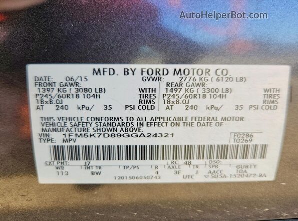 1FM5K7D89GGA24321 2016 FORD EXPLORER Gray Vista interior de 360 grados