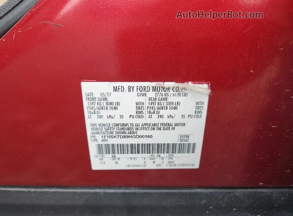 1FM5K7D89HGD00160 2017 FORD EXPLORER Red VIN კოდის სტიკერის ხედი