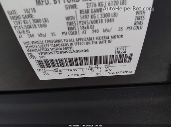 1FM5K7D89KGA08306 2019 FORD EXPLORER Black Вид підкапотного простору