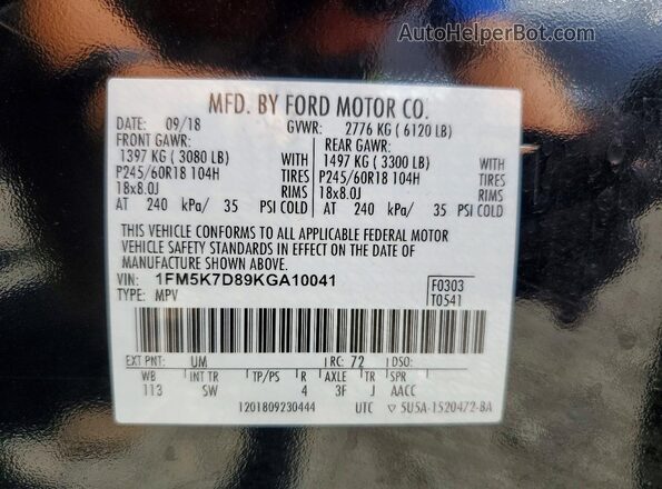 1FM5K7D89KGA10041 2019 FORD EXPLORER Black Widok naklejki z numerem VIN