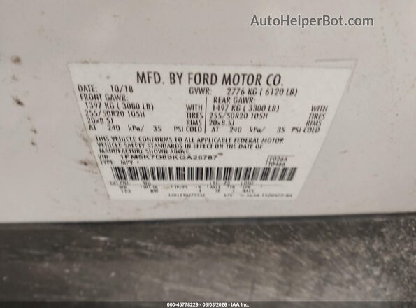 1FM5K7D89KGA26787 2019 FORD EXPLORER Белый Вид подкапотного пространства