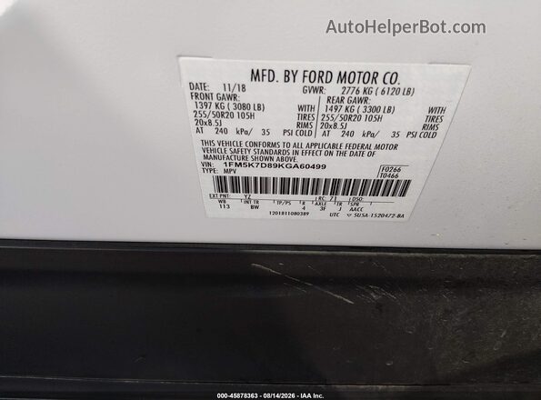 1FM5K7D89KGA60499 2019 FORD EXPLORER White Vista del compartimento del motor