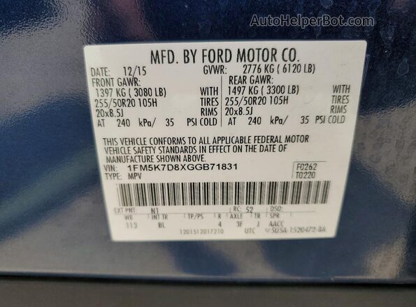 1FM5K7D8XGGB71831 2016 FORD EXPLORER Blue Widok naklejki z numerem VIN