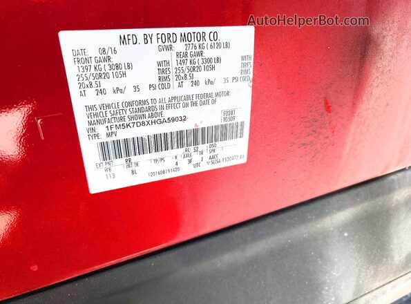 1FM5K7D8XHGA59032 2017 FORD EXPLORER Red VIN კოდის სტიკერის ხედი