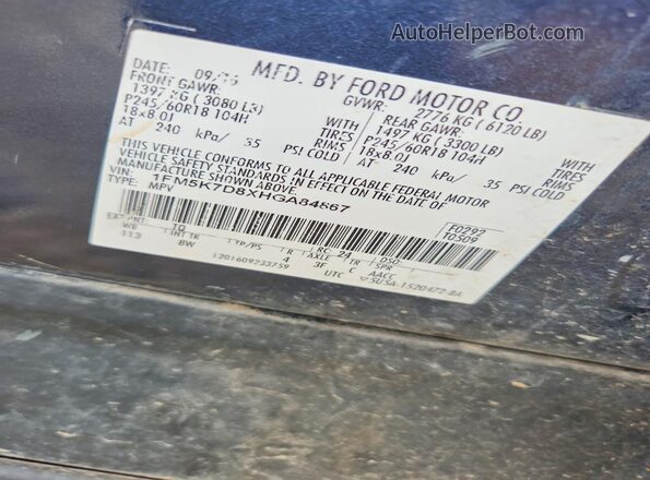 1FM5K7D8XHGA84867 2017 FORD EXPLORER Угольный Вид наклейки с VIN-кодом