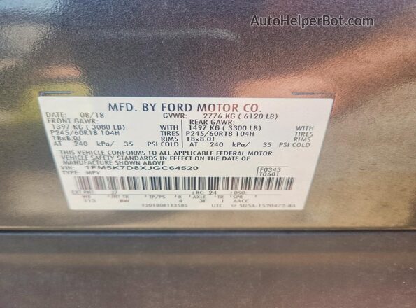 1FM5K7D8XJGC64520 2018 FORD EXPLORER Gray Widok naklejki z numerem VIN