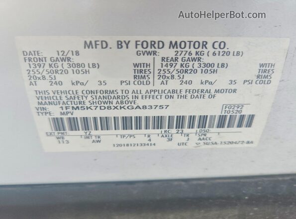 1FM5K7D8XKGA83757 2019 FORD EXPLORER White Вид наклейки з VIN-кодом