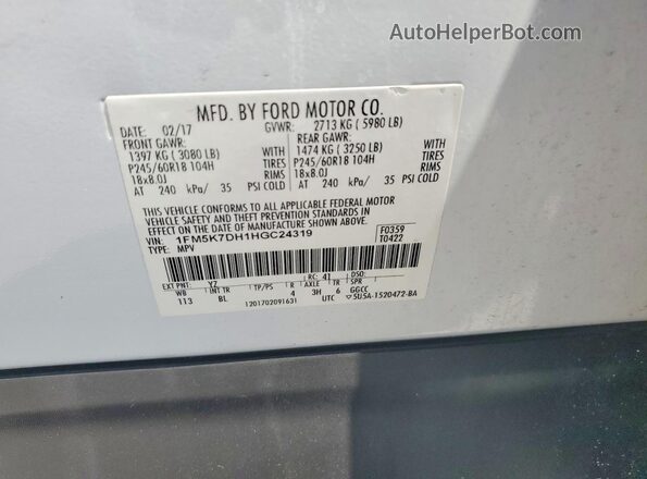 1FM5K7DH1HGC24319 2017 FORD EXPLORER White Engine compartment view