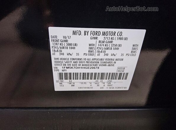 1FM5K7DH1HGE20678 2017 FORD EXPLORER Black Вид наклейки з VIN-кодом