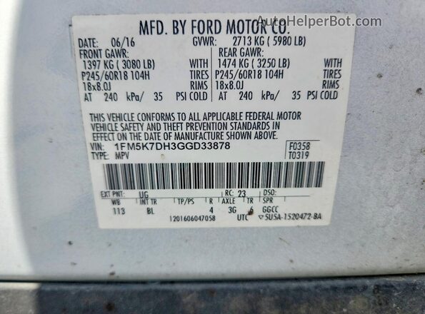 1FM5K7DH3GGD33878 2016 FORD EXPLORER White Vista de la etiqueta del VIN