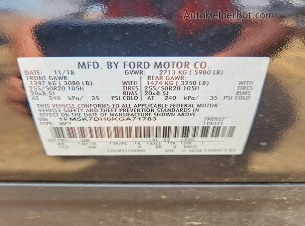 1FM5K7DH6KGA71783 2019 FORD EXPLORER Black VIN sticker view