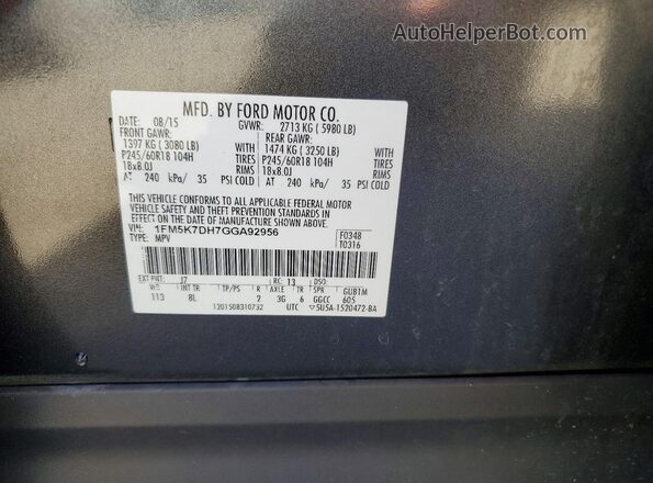 1FM5K7DH7GGA92956 2016 FORD EXPLORER Gray Widok naklejki z numerem VIN