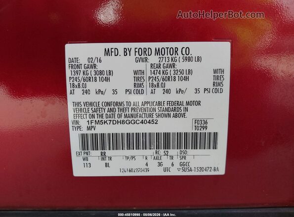 1FM5K7DH8GGC40452 2016 FORD EXPLORER Red Շարժիչի բաժամունքի տեսք