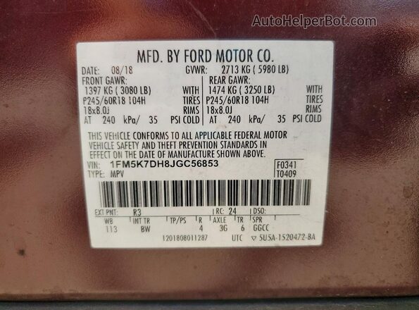 1FM5K7DH8JGC56853 2018 FORD EXPLORER Burgundy Vista de la etiqueta del VIN