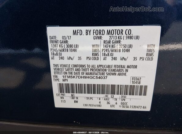 1FM5K7DH9HGC54037 2017 FORD EXPLORER Blue Engine compartment view
