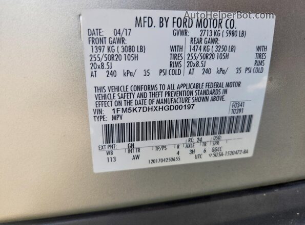 1FM5K7DHXHGD00197 2017 FORD EXPLORER Cream Vista de la etiqueta del VIN