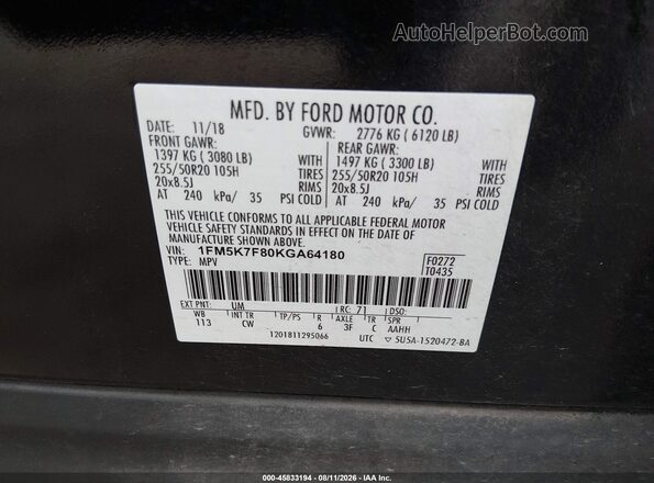 1FM5K7F80KGA64180 2019 FORD EXPLORER Black Vista del compartimento del motor