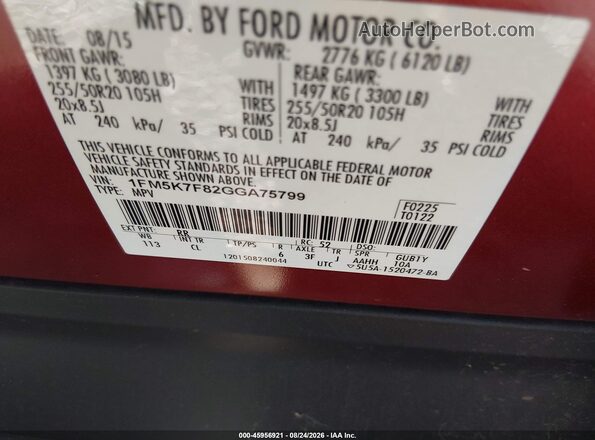 1FM5K7F82GGA75799 2016 FORD EXPLORER Red Вид підкапотного простору