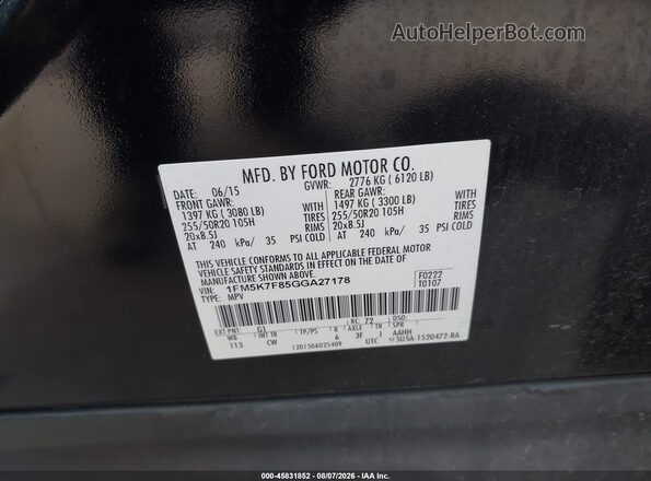 1FM5K7F85GGA27178 2016 FORD EXPLORER Black ძრავის განყოფილების ხედი