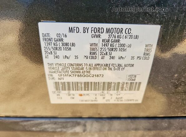 1FM5K7F85GGC21872 2016 FORD EXPLORER Gray Vista interior de 360 grados