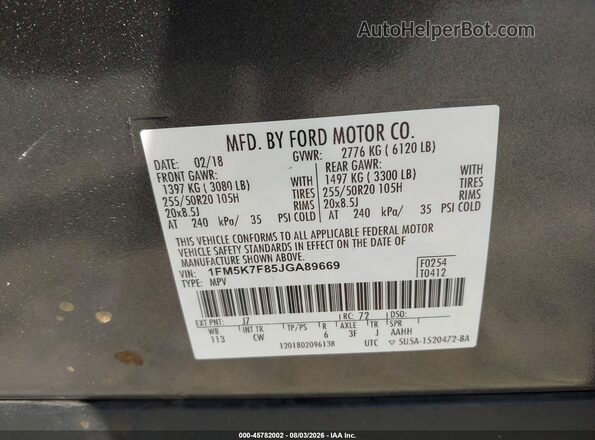 1FM5K7F85JGA89669 2018 FORD EXPLORER Gray Vista del compartimento del motor