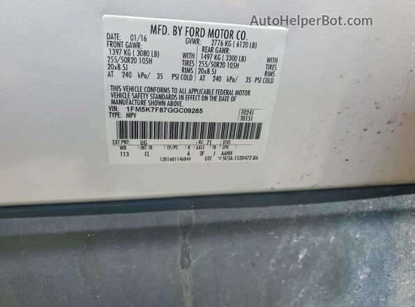 1FM5K7F87GGC09285 2016 FORD EXPLORER Белый Вид наклейки с VIN-кодом