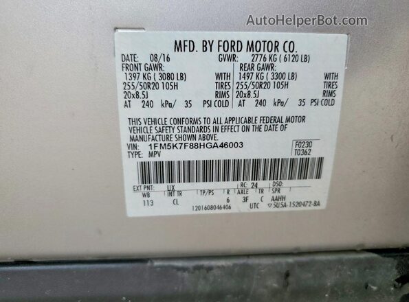 1FM5K7F88HGA46003 2017 FORD EXPLORER Silver Vista de la etiqueta del VIN