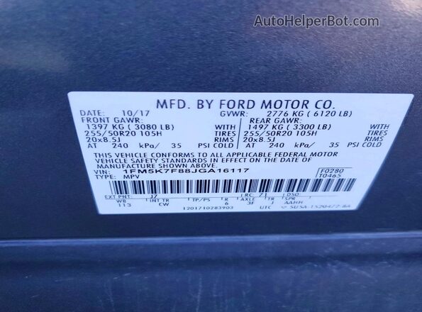 1FM5K7F88JGA16117 2018 FORD EXPLORER Charcoal VIN sticker view