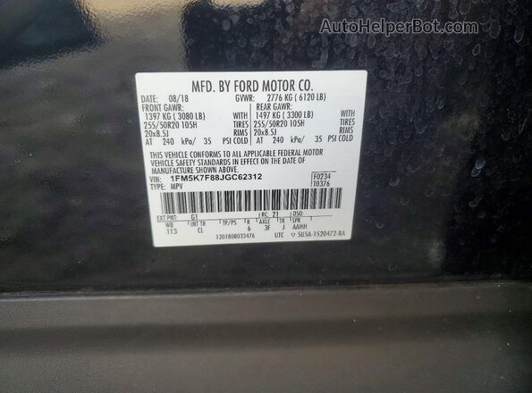 1FM5K7F88JGC62312 2018 FORD EXPLORER Black VIN კოდის სტიკერის ხედი