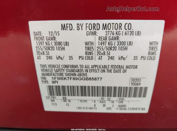 1FM5K7F89GGB85877 2016 FORD EXPLORER Red Engine compartment view