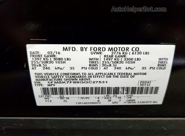 1FM5K7F89GGC27531 2016 FORD EXPLORER Black Vista interior de 360 grados