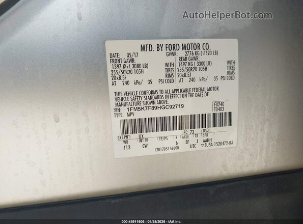 1FM5K7F89HGC92719 2017 FORD EXPLORER Silver Vista del compartimento del motor