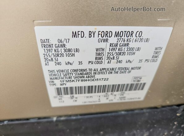 1FM5K7F89HGD51722 2017 FORD EXPLORER Cream Widok wnętrza 360 stopni