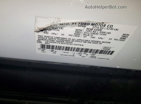1FM5K7F8XGGC30762 2016 FORD EXPLORER White Widok naklejki z numerem VIN