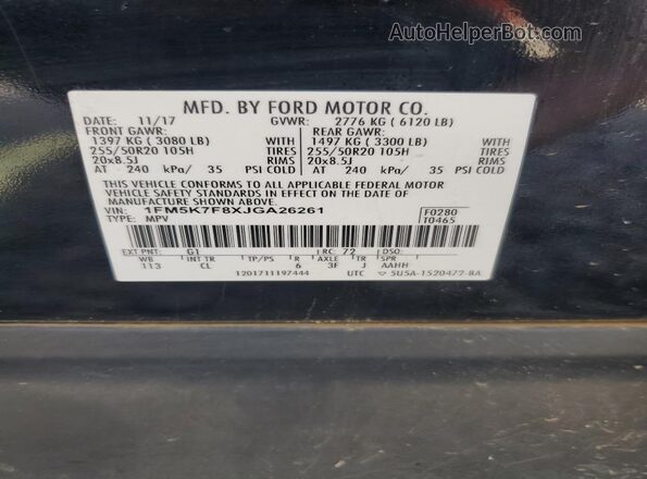 1FM5K7F8XJGA26261 2018 FORD EXPLORER Black VIN კოდის სტიკერის ხედი