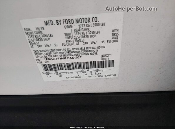 1FM5K7FH4KGA51027 2019 FORD EXPLORER White Вид підкапотного простору