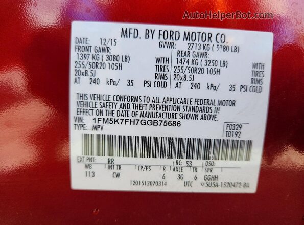 1FM5K7FH7GGB75686 2016 FORD EXPLORER Red Widok naklejki z numerem VIN
