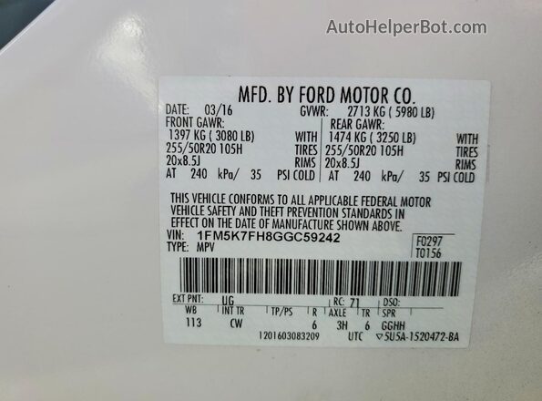 1FM5K7FH8GGC59242 2016 FORD EXPLORER White VIN sticker view