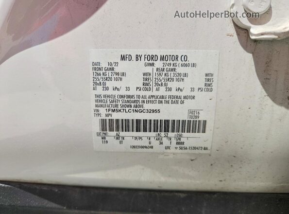 1FM5K7LC1NGC32955 2022 FORD EXPLORER White 