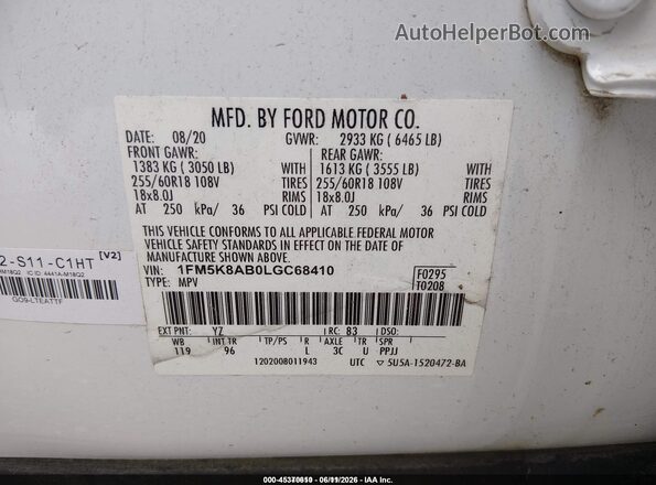 1FM5K8AB0LGC68410 2020 FORD POLICE INTERCEPTOR Белый Вид подкапотного пространства