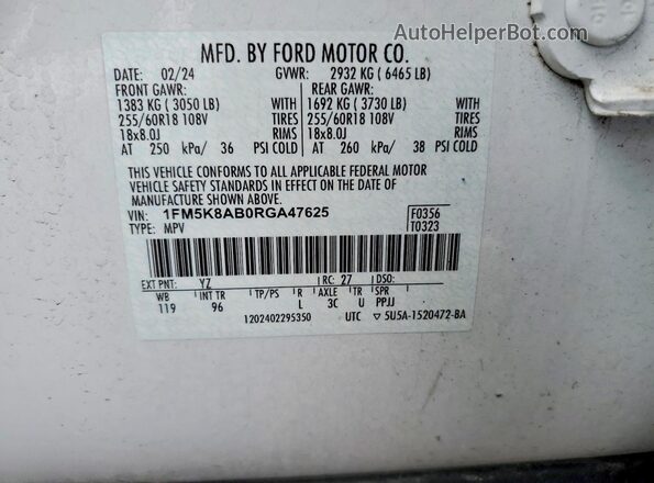 1FM5K8AB0RGA47625 2024 FORD EXPLORER White VIN կոդի պիտակի տեսք