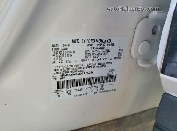 1FM5K8AB0SGA55746 2025 FORD EXPLORER White VIN კოდის სტიკერის ხედი