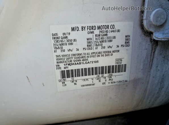 1FM5K8AB1LGA72105 2020 FORD EXPLORER White VIN կոդի պիտակի տեսք