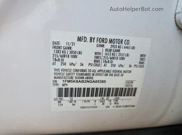 1FM5K8AB2NGA05385 2022 FORD EXPLORER White Widok wnętrza 360 stopni