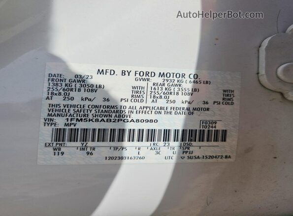 1FM5K8AB2PGA80980 2023 FORD EXPLORER White VIN კოდის სტიკერის ხედი