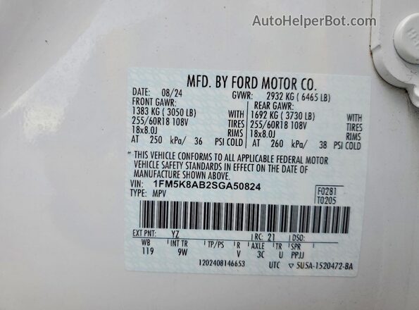 1FM5K8AB2SGA50824 2025 FORD EXPLORER White Vista del compartimento del motor