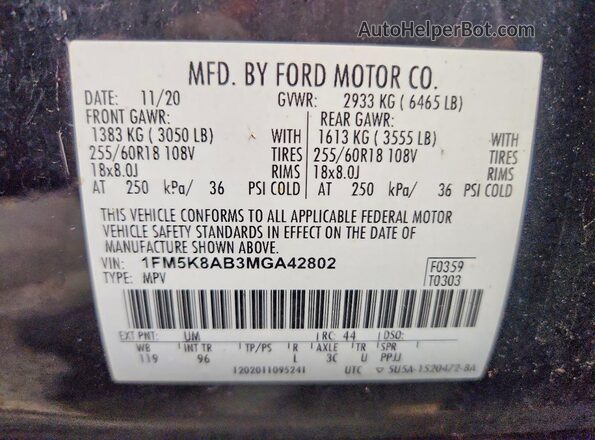 1FM5K8AB3MGA42802 2021 FORD EXPLORER Black Панорамний вид салону 360°