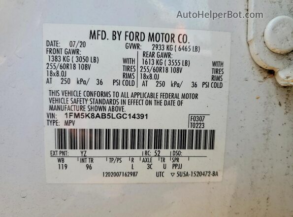 1FM5K8AB5LGC14391 2020 FORD EXPLORER White Engine compartment view