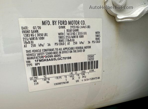 1FM5K8AB5LGC70198 2020 FORD EXPLORER White Rear seats view