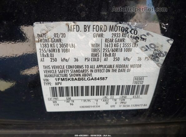 1FM5K8AB6LGA84587 2020 FORD POLICE INTERCEPTOR Black ძრავის განყოფილების ხედი